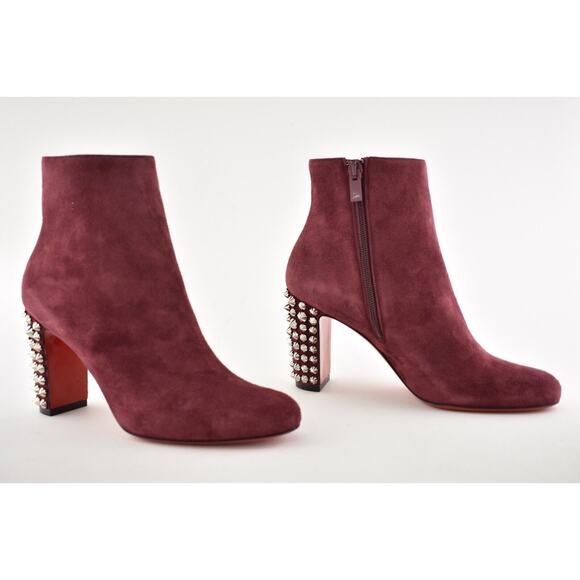 Christian Louboutin Suzi Folk 85 Prunus Red Suede Spike Ankle Heel Bootie 37 - Picture 4 of 12